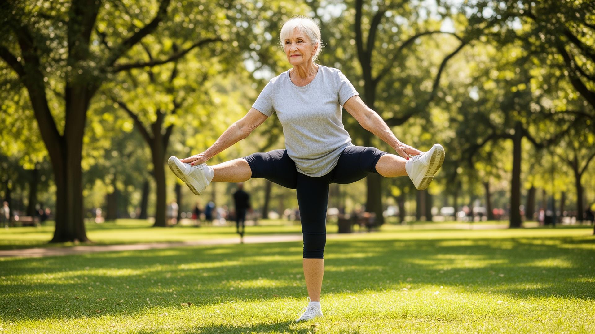 Seniorin bei Balanceübungen im Park - aktives und gesundes Leben